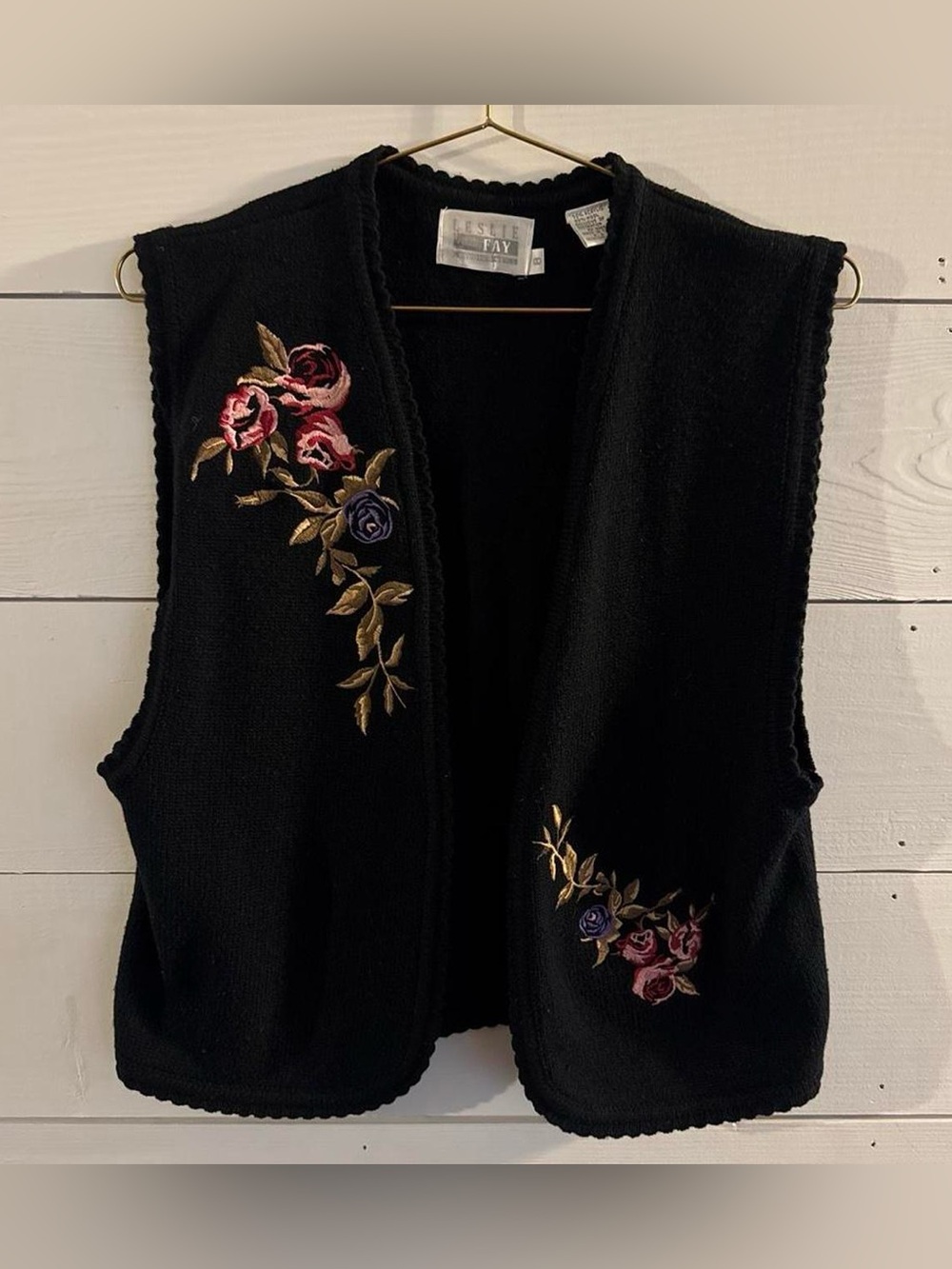 Leslie Fay Black Floral Embroidered Wool Blend Vest